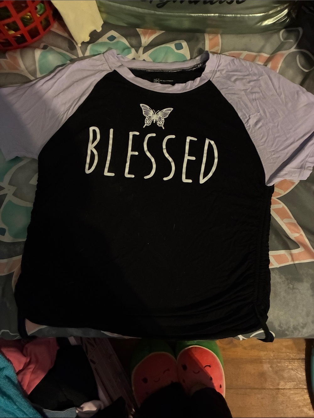 No Boundaries Black Tee with Light Lavender Raglan Sleeves